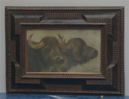G. Raggio "Coppia di bufali" olio su compensato (cm 25x40) in cornice in...