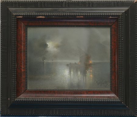 Tullo Golfarelli (Cesena 1852 - Bologna 1928)"Pesca notturna" pastello e...