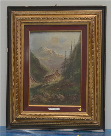 A. Brioschi, "Paesaggio montano" olio su tela applicata su cartone (cm...
