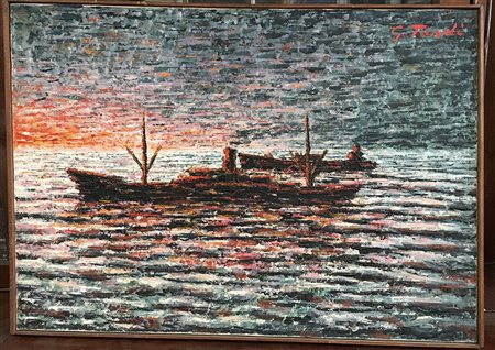 Firma indecifrata "Alba sul mare" olio su tela. Firmato in alto a sinistra...