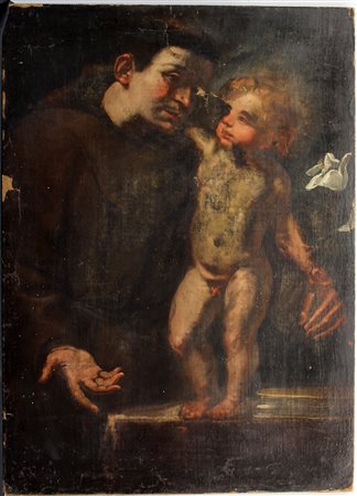 Scuola del secolo XVII, "Sant’Antonio da Padova con Bambino", olio su tela...