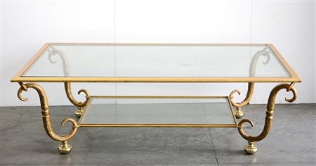 Tavolino da salotto rettangolare a due ripiani in ferro battuto dorato con...