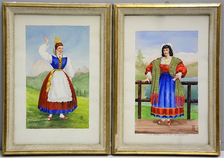 Gruppo di quattro acquarelli raffiguranti figure in costumi popolari (cm...