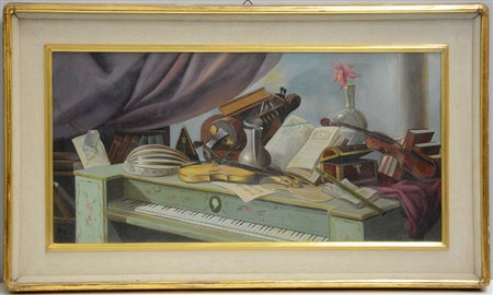Adriano Gajoni (1913 - 1965)"Strumenti musicali e vaso con fiore", 1955, olio...