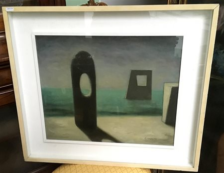 Giampaolo Lazzaro (1911 - 1977)"Spiaggia magica" 1950, olio su cartone telato...