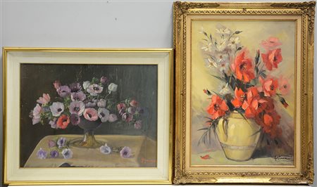 Lotto di due dipinti ad olio raffiguranti fiori. Autori e misure diverse, in...
