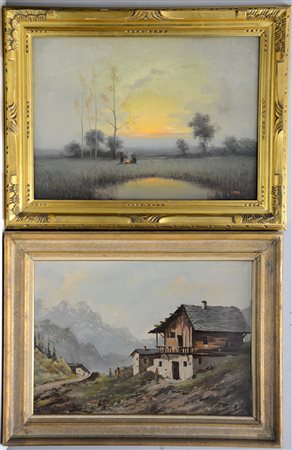 Lotto di due dipinti ad olio raffiguranti paesaggi. Autori e misure diverse,...