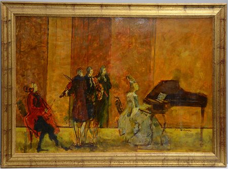 Firma indecifrata. "Concerto", '73, tecnica mista su compensato (cm 68x100)...