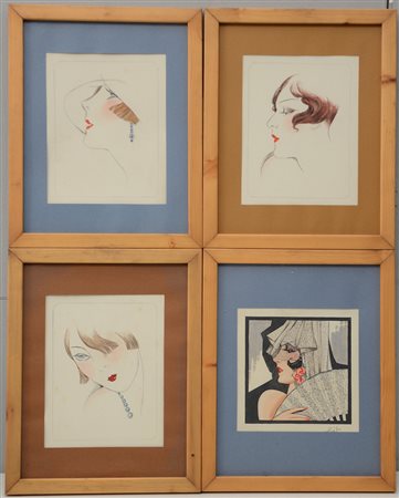 Ignoto inizio sec. XX "Volti femminili" gruppo di quattro acquerelli di...