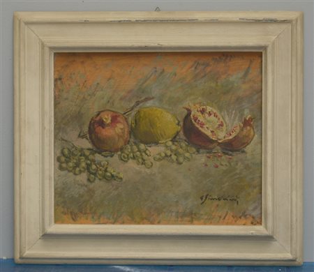 G. Simonini "Natura morta con melograni, limone e uva" olio su compensato (cm...