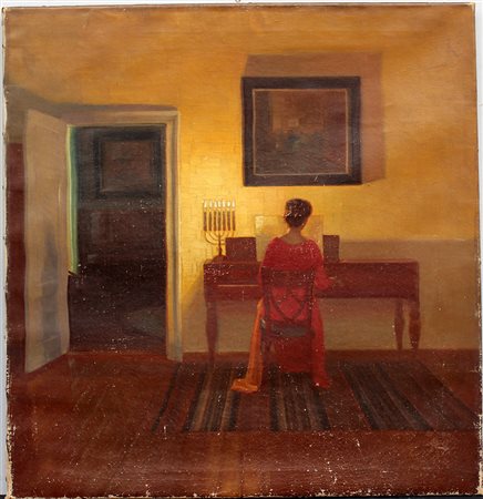 Ignoto, ''Notturno al fortepiano'' olio su tela (cm 79x76) (difetti)