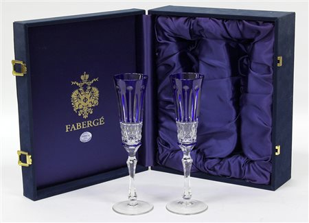 Coppia di calici in vetro Fabergè, in custodia