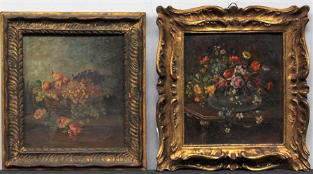 Lotto composto da due piccoli dipinti ad olio raffiguranti composizioni con...