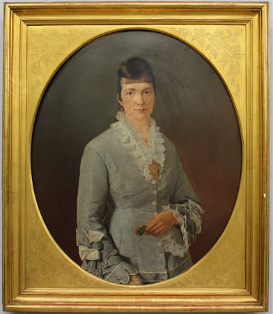 Scuola del secolo XIX,"Ritratto di gentildonna con fiori in mano" olio su...