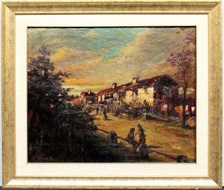 Firma indecifrata, “Scorcio di villaggio”, olio su tela (cm 56x69) firmato in...