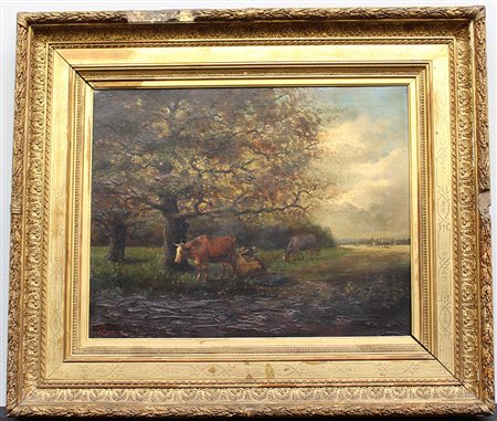 Germana Hermina Marius Eraud (1854 - 1919)"Paesaggio con armenti" olio su...