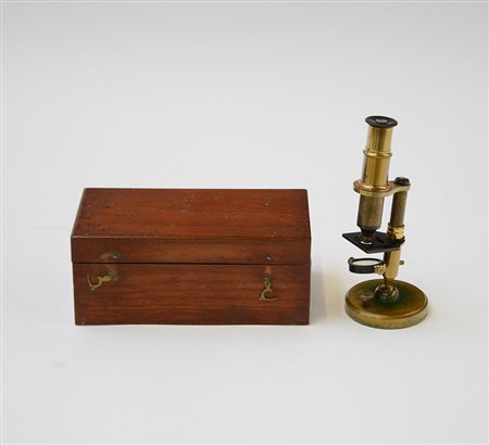 Miscroscopio, inizio secolo XX, in custodia in legno
