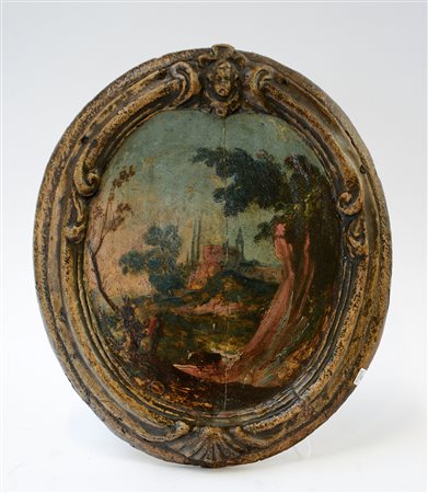 Antico pannello con cornice intagliata contenente in dipinto di paesaggio di...