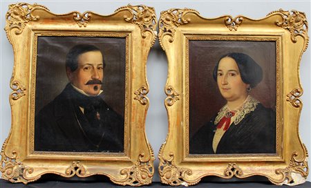Artista del secolo XIX, coppia di ritratti di coniugi, olio su tela (cm...