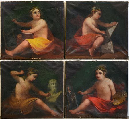 Scuola del secolo XIX, "Allegoria delle Arti" quattro dipinti ad olio su tela...