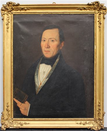 Scuola del secolo XIX, "Ritratto di gentiluomo con libro" olio su tela (cm...