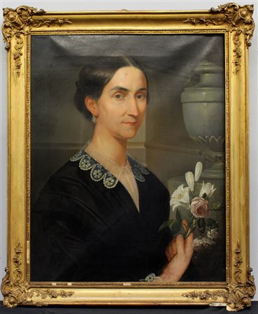 Scuola Lombarda del secolo XIX, "Ritratto di gentildonna con fiori" olio su...