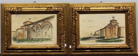 Gallizioli "Paesaggi con architetture" coppia di acquerelli su carta (cm...