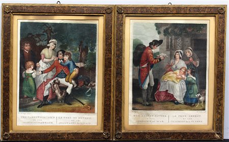 Coppia di incisioni a colori del secolo XIX raffiguranti scene di genere (cm...