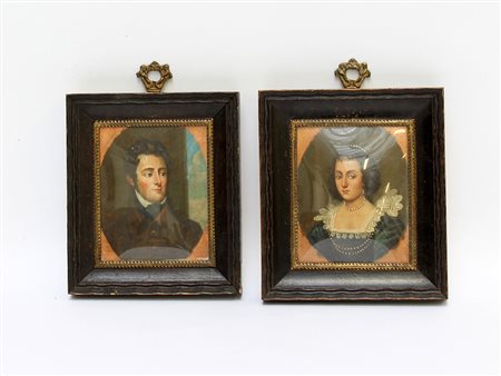 Coppia di ritratti ovali in miniatura, maschile e femminile, ad olio su rame...