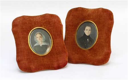 Artista russo del secolo XIX, coppia di ritratti in miniatura, maschile e...