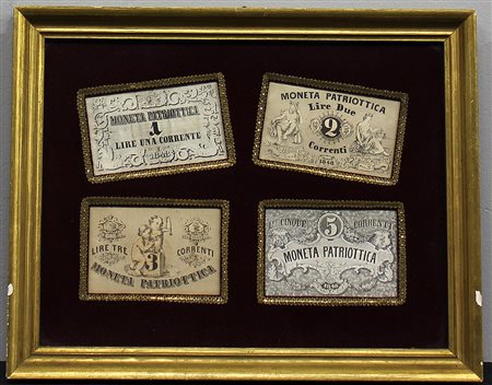Gruppo di quattro banconote veneziane “Moneta Patriottica” del 1848 in unica...