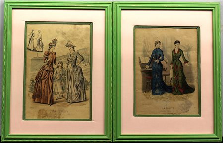 Gruppo di quattro incisioni acquerellate inerenti la moda femminile, fine...