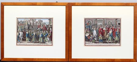 Coppia di incisioni acquerellate raffiguranti cortei regali (battuta cm 22x28...