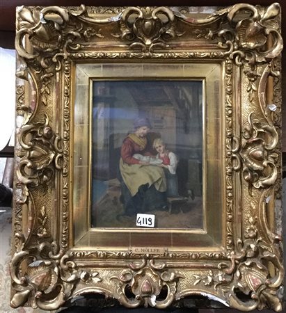 C. Möller - "Scena materna con gattini" olio su tavola (cm 24x18) firmato in...