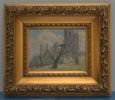 Fabio Fabbi (Bologna 1861 - Casalecchio 1946)"Paesaggio con castello e...