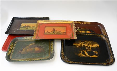 Sei vassoi in Toile Peinte di diverso decoro, secolo XIX/XX (difetti)