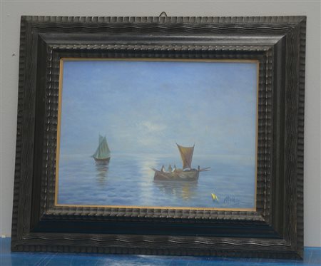 A. Albini "Paesaggio marino con barche" tempera su compensato (cm 30x39,8)....