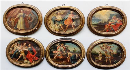 Scuola del secolo XVIII, "Scene bibliche" gruppo di sei dipinti ad olio su...