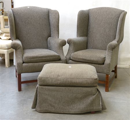 Coppia di bergeres con struttura in legno e rivestimento in tessuto grigio e...