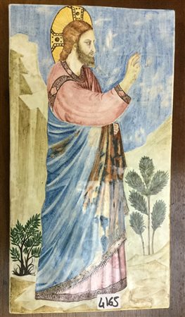 Manifattura italiana Faenza. Placca in ceramica policroma raffigurante Cristo...