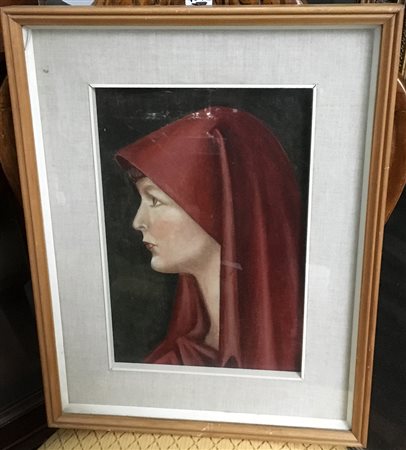 Ignoto "Ritratto di ragazza con velo rosso" olio su cartone telato (cm 35x25)...