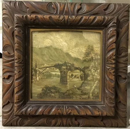 Ignoto "Paesaggio con ponte e cascata" olio su compensato (cm 21x21) in cornice