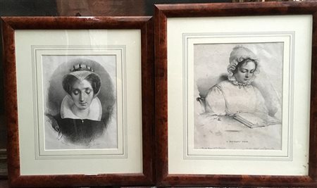 Lotto composto da due litografie raffiguranti gentildonne, in cornici