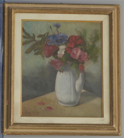 M. Grazzini, "Natura morta con fiori" olio su compensato dipinto al verso (cm...