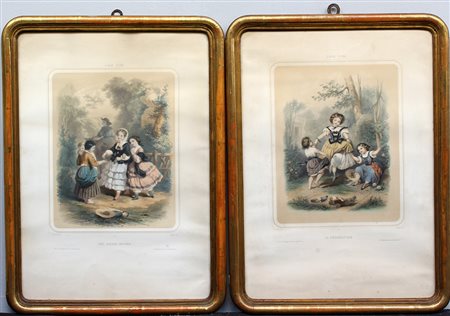 Gruppo di quattro litografie a colori raffiguranti fanciulli, Francia secolo...