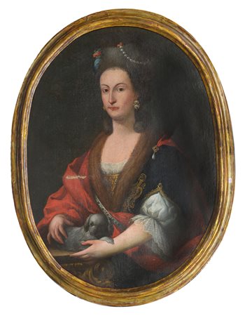 Scuola del secolo XVIII "Ritratto di nobildonna con perle, manto rosso e...