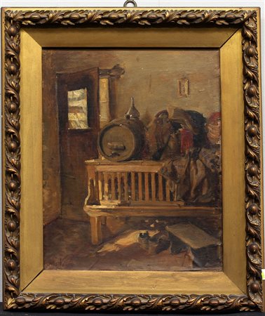 Aleardo Villa. "La dispensa" olio su cartone telato (cm 35x28) firmato in...