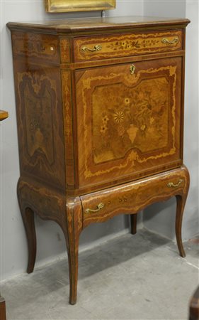 Mobile bar a due cassetti e anta ribaltabile con specchio e portabicchieri...