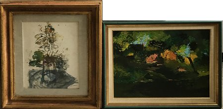 Lotto composto da due dipinti raffiguranti paesaggio boschivo e vaso con...