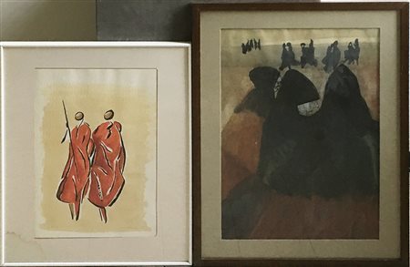 Lotto di due tecniche miste raffiguranti figure, autori e misure diverse, in...